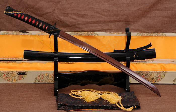 Authentic Samurai Damascu Red Folded Steel Wakizahsi Sword - Masamune Swords-Samurai Katana Swords UK For Sale